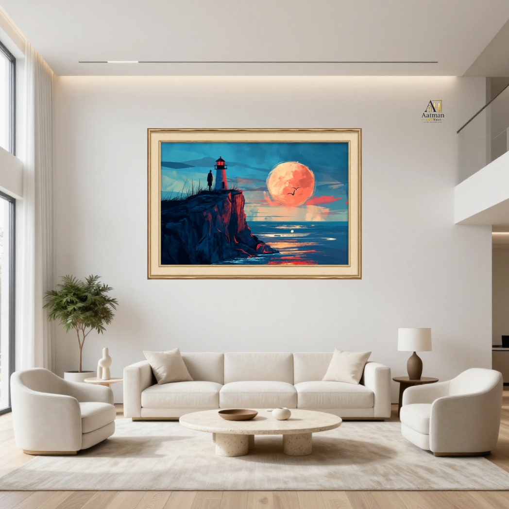 Light house and Moon Seascape Premium Wall Art