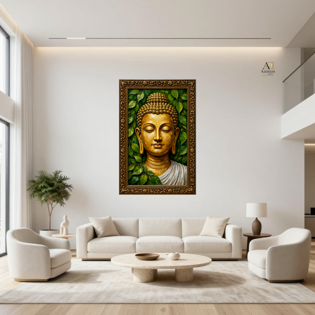 Golden Buddha Under the Bodhi Leaves | Premium Large Format Canvas Print
