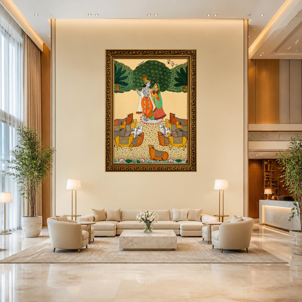 Radha Krishna with Sacred Cows – Traditional Pichwai Art | Premium Large Format Canvas Print
