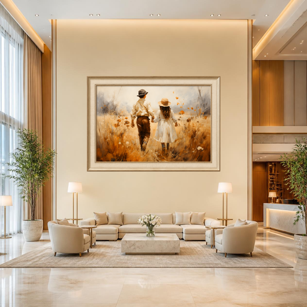 Children Walking Through a Golden Meadow