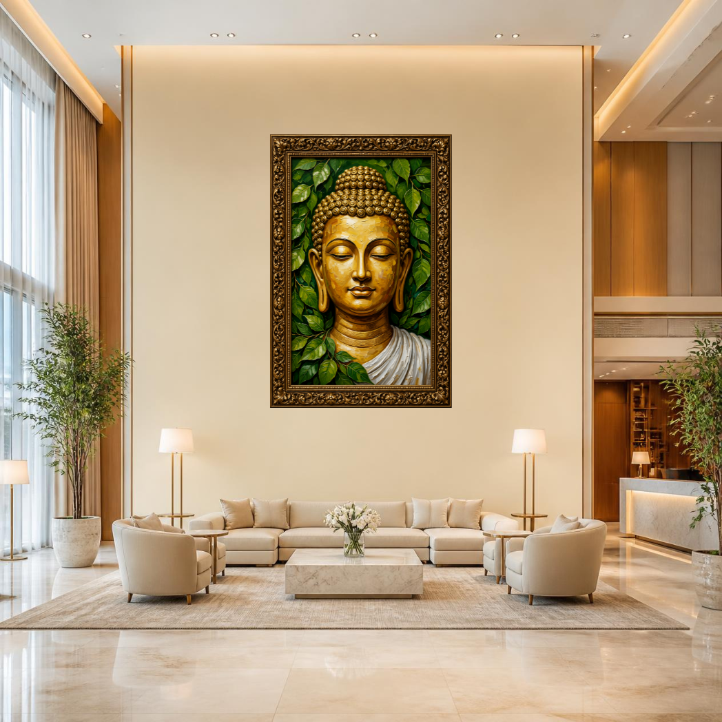 Golden Buddha Under the Bodhi Leaves | Premium Large Format Canvas Print