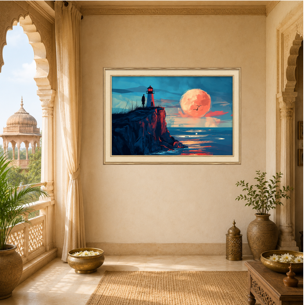 Light house and Moon Seascape Premium Wall Art