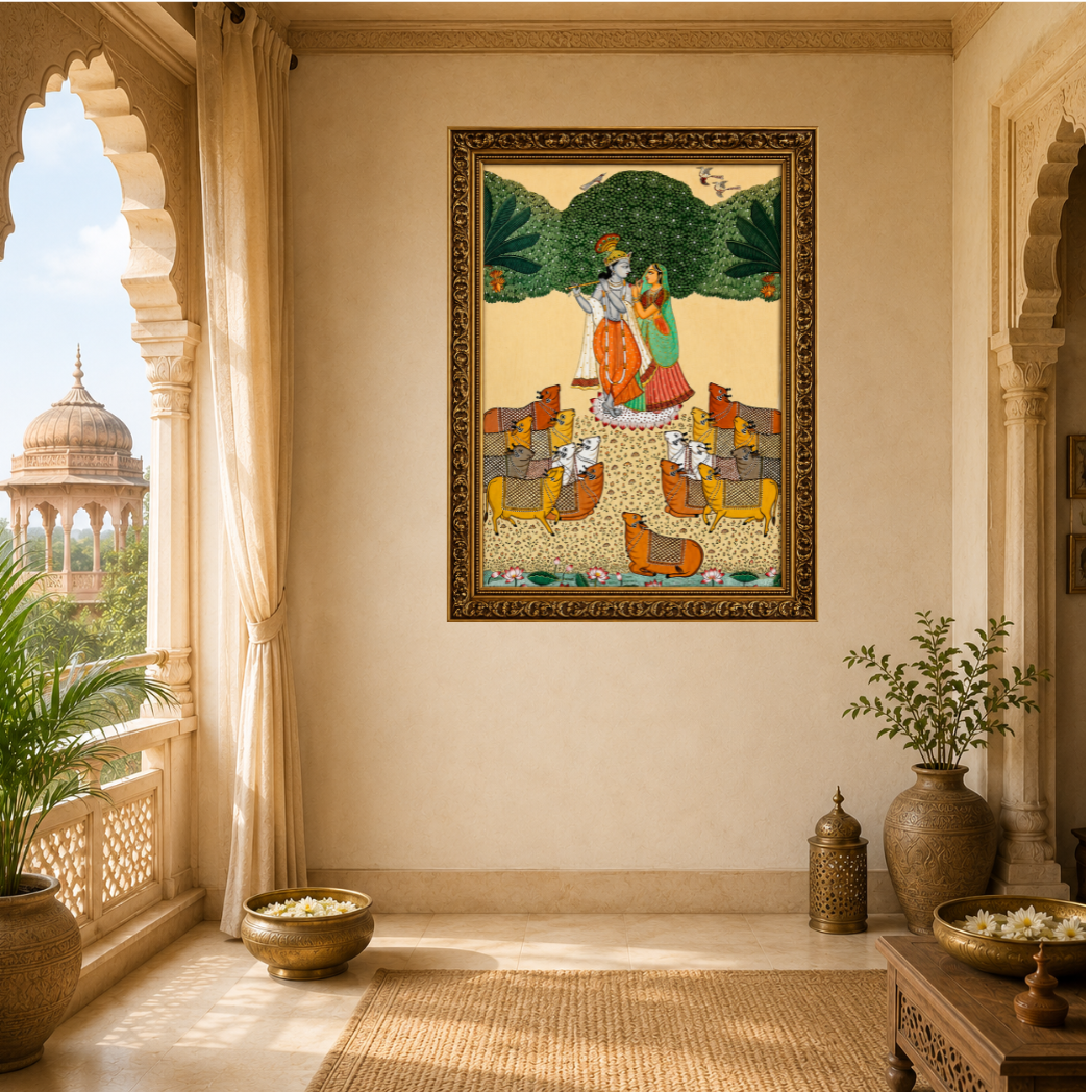 Radha Krishna with Sacred Cows – Traditional Pichwai Art | Premium Large Format Canvas Print
