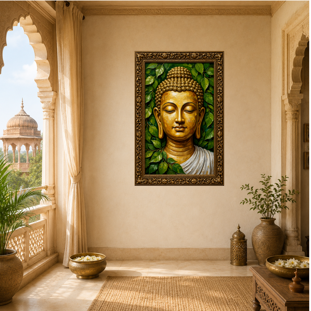 Golden Buddha Under the Bodhi Leaves | Premium Large Format Canvas Print
