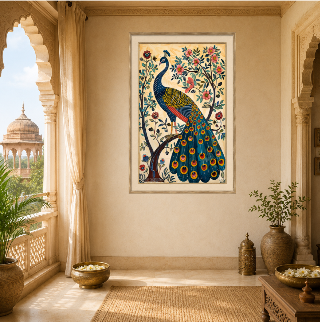 Traditional Jaipur Peacock Painting Premium Wall Art