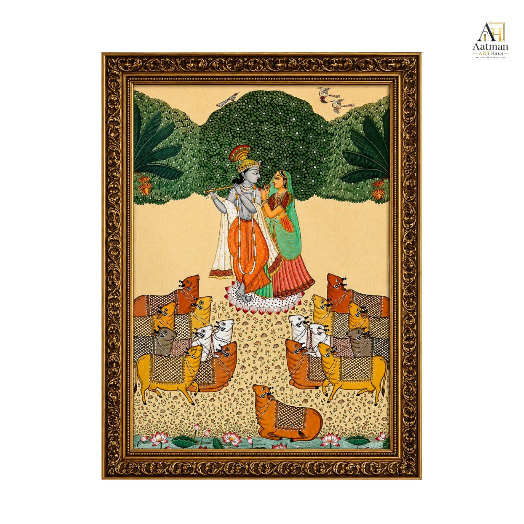 Radha Krishna with Sacred Cows – Traditional Pichwai Premium Wall Art