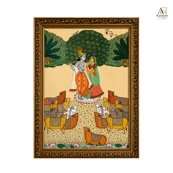 Radha Krishna with Sacred Cows – Traditional Pichwai Premium Wall Art