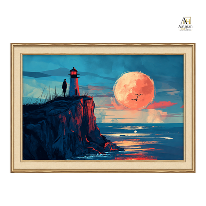 Light house and Moon Seascape Premium Wall Art
