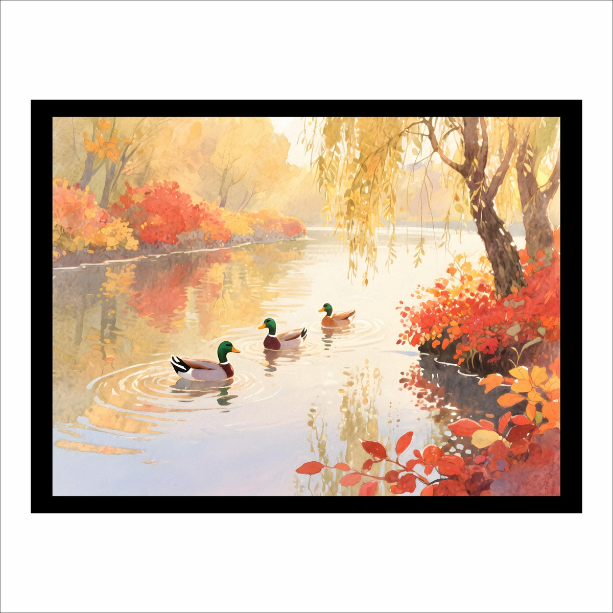 Autumn Ducks Lake  Water Color Wall Art