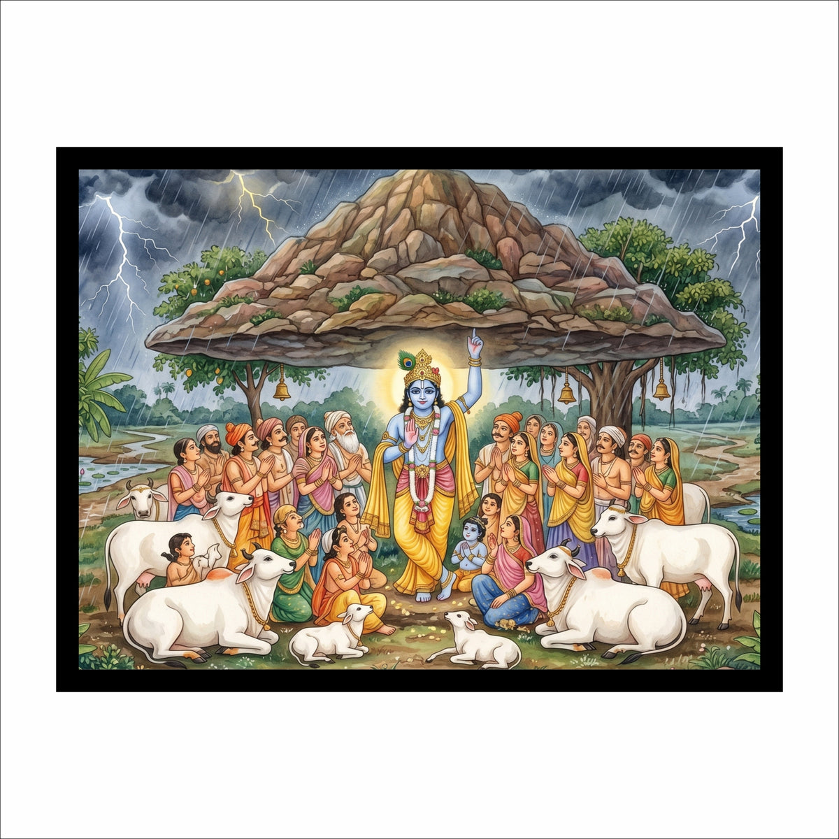 Lord Krishna Govardhan  Leela Pichwai Premium Wall Art