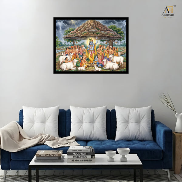 Lord Krishna Govardhan  Leela Pichwai Premium Wall Art
