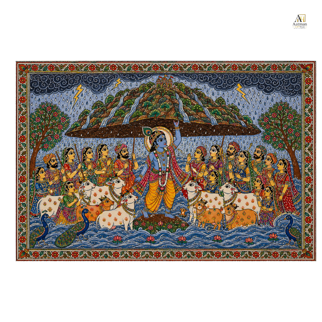 Lord Krishna Govardhan Leela Premium Wall Art
