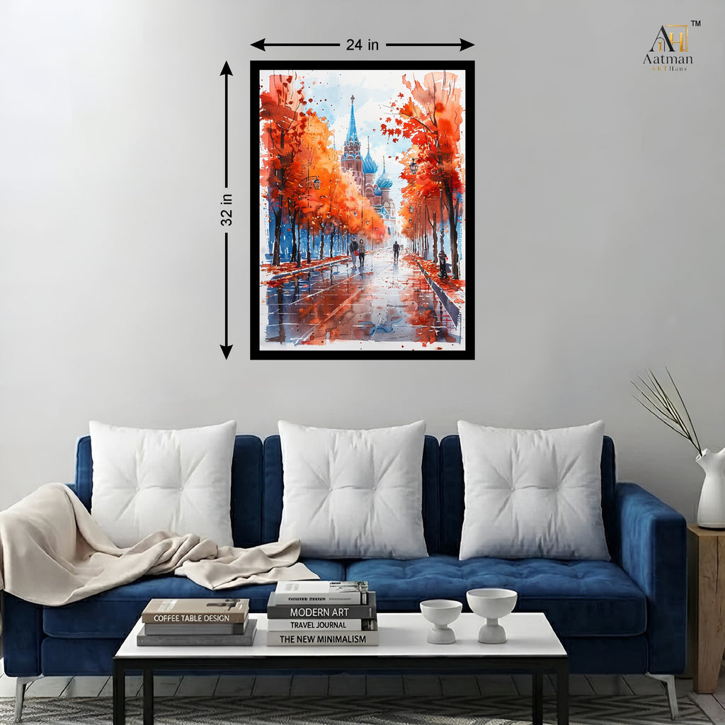 Autumn Boulevard Watercolor Cityscape Wall Art Canvas Print