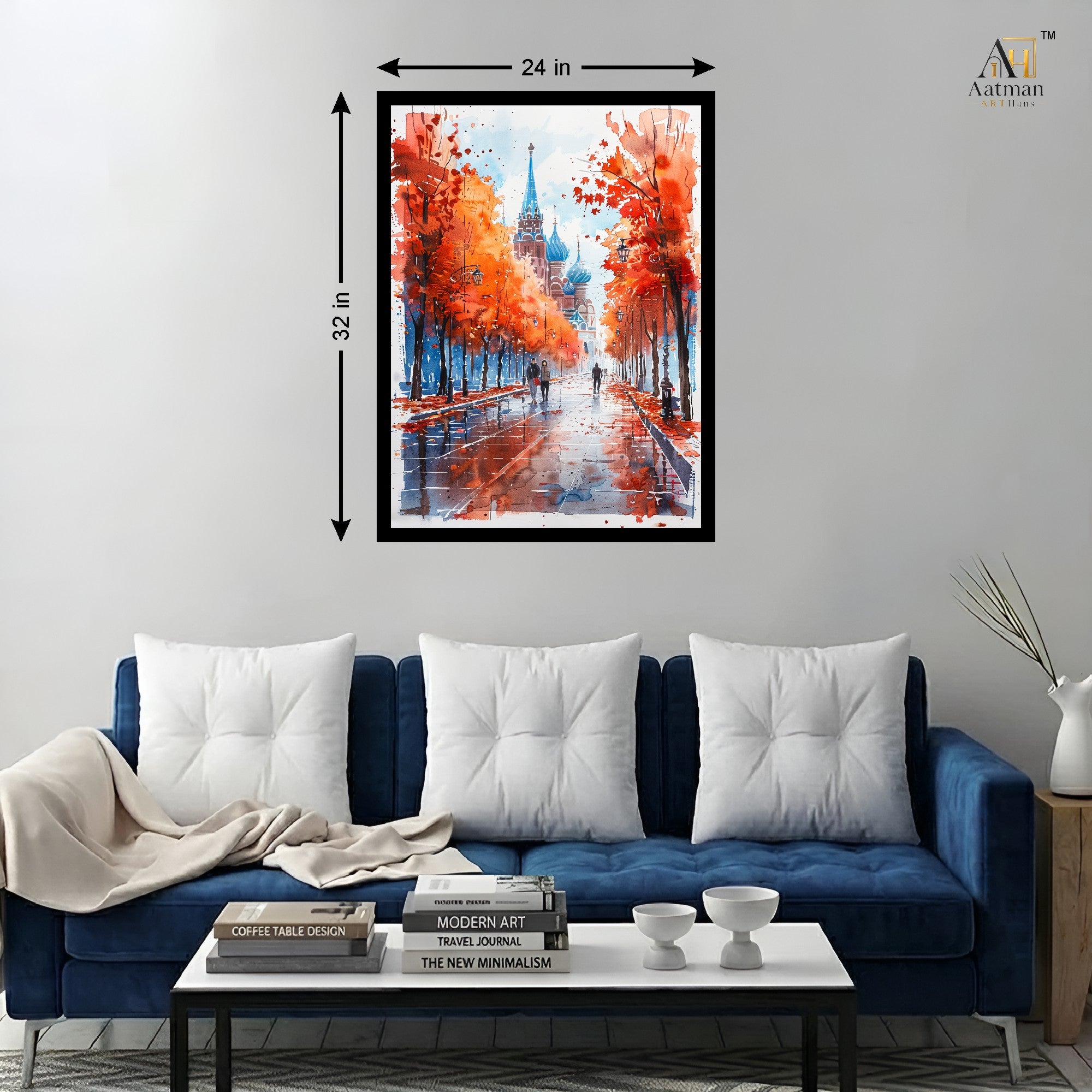 Autumn Boulevard Watercolor Cityscape Wall Art Canvas Print