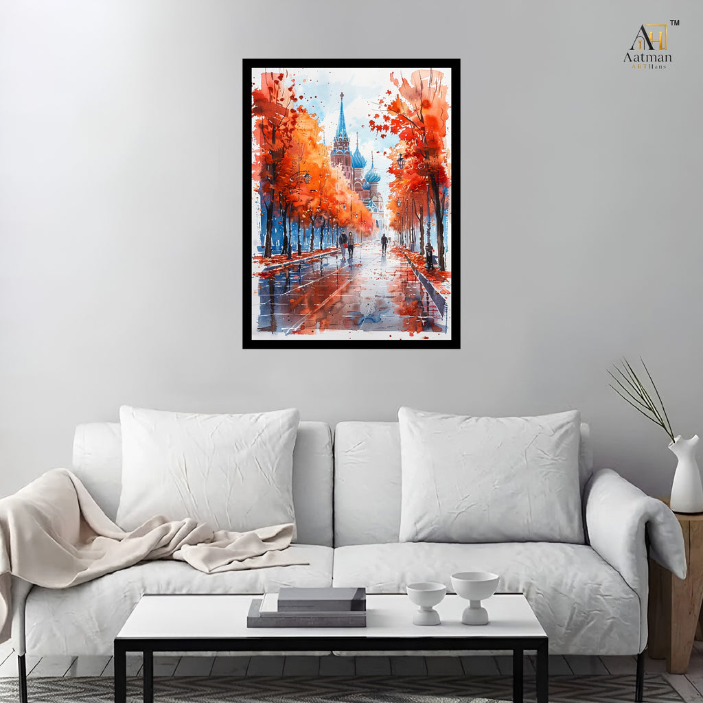 Autumn Boulevard Watercolor Cityscape Wall Art Canvas Print