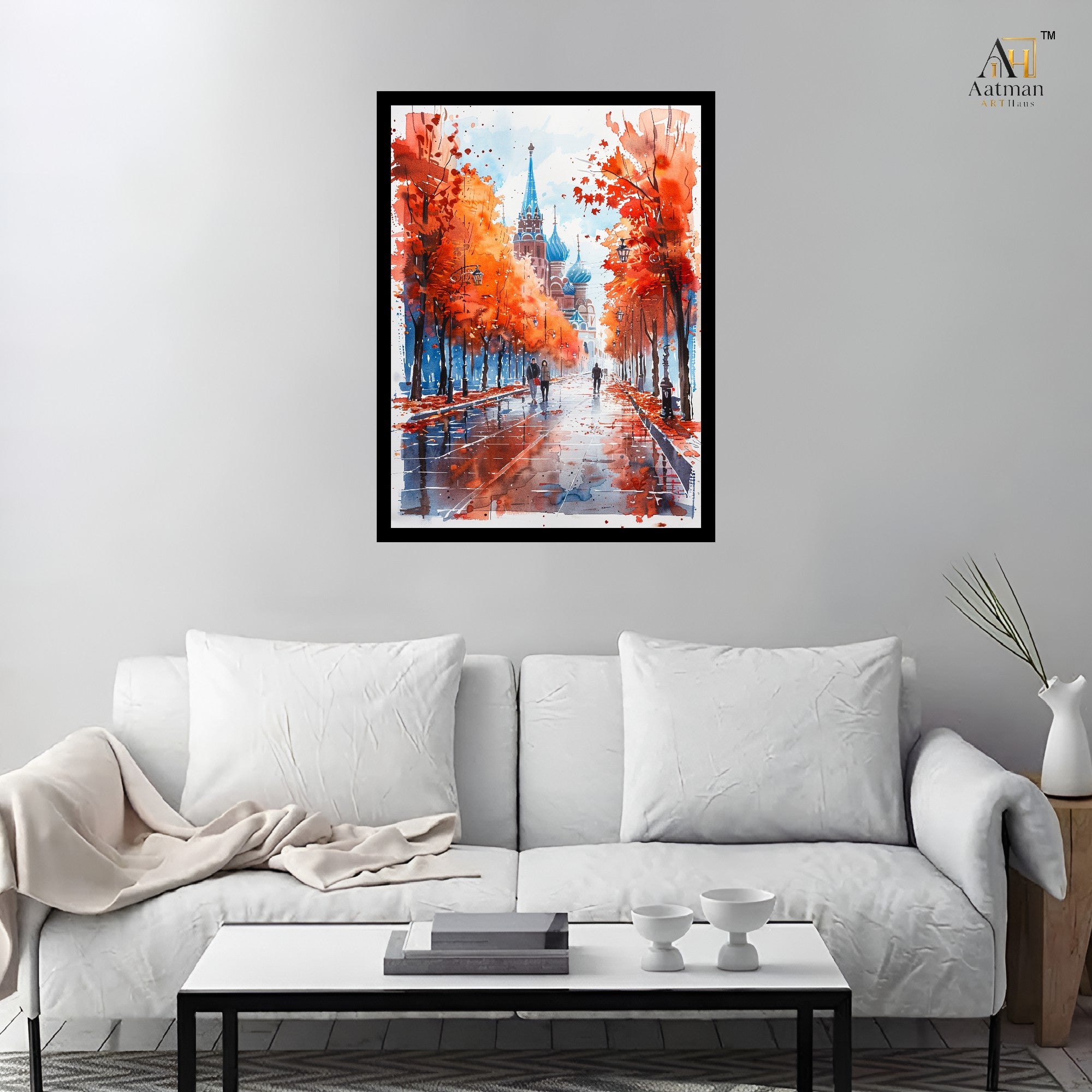 Autumn Boulevard Watercolor Cityscape Wall Art Canvas Print
