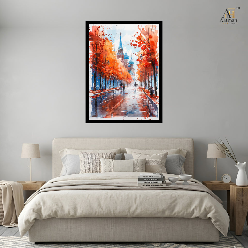 Autumn Boulevard Watercolor Cityscape Wall Art Canvas Print