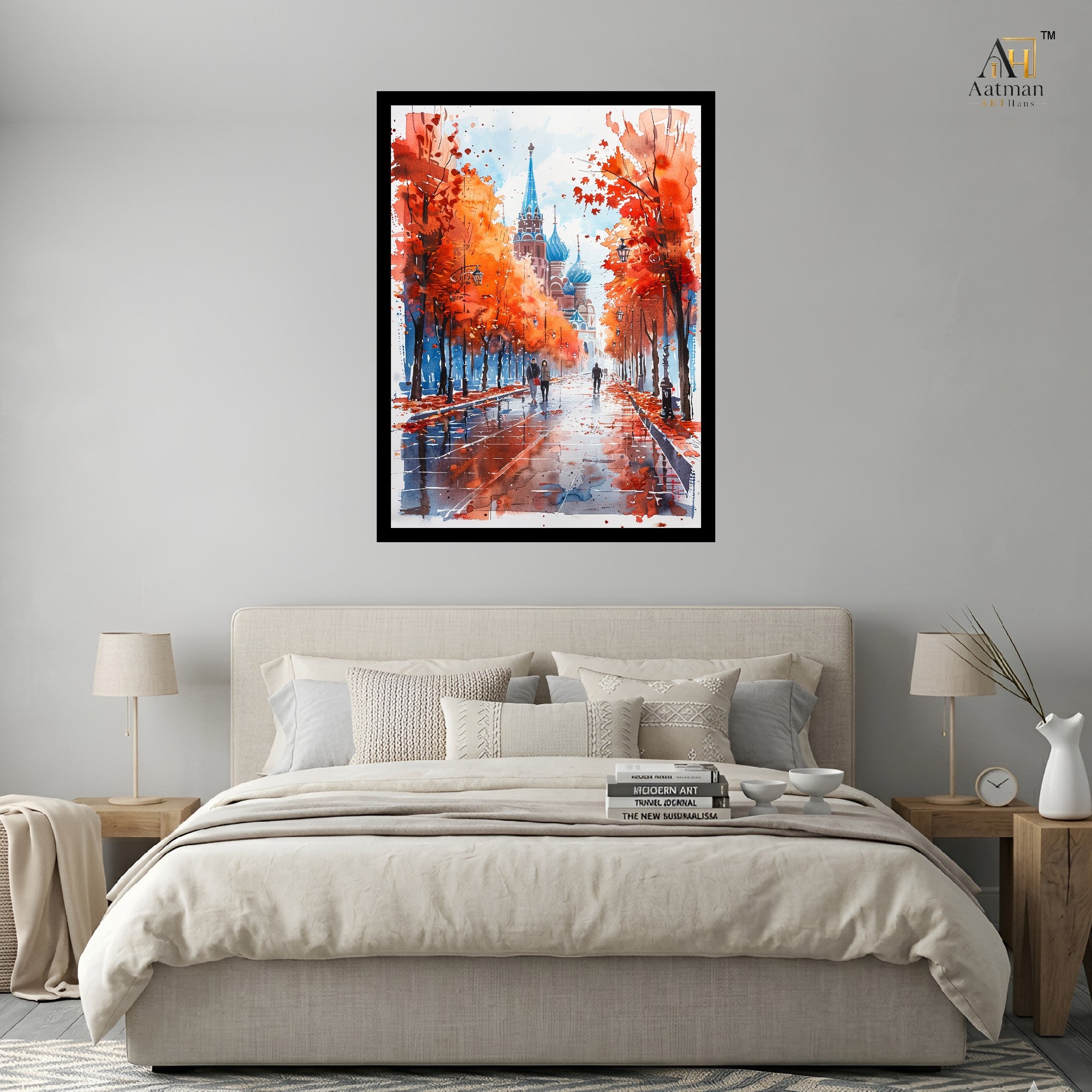 Autumn Boulevard Watercolor Cityscape Wall Art Canvas Print