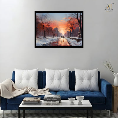 Winter Sunset Path Water Color Premium Wall Art