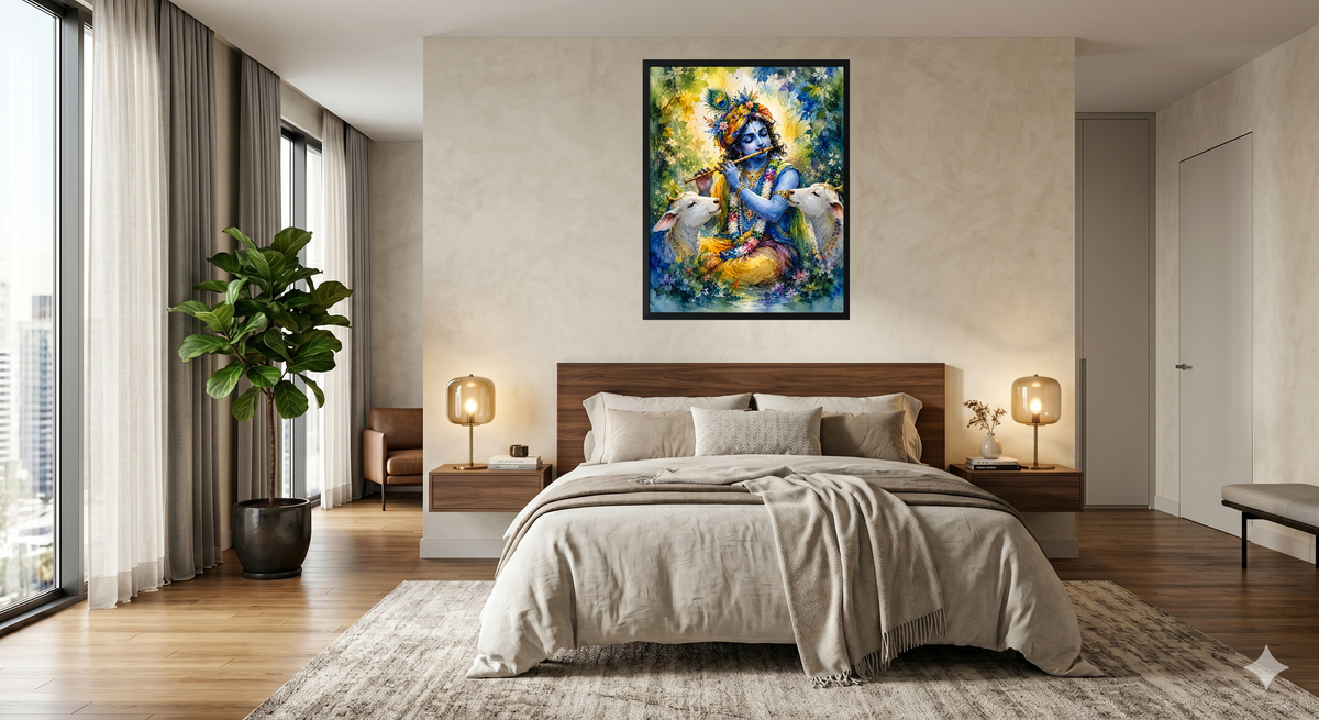 Lord Krishna with Sacred Cows Watercolor Wall Art