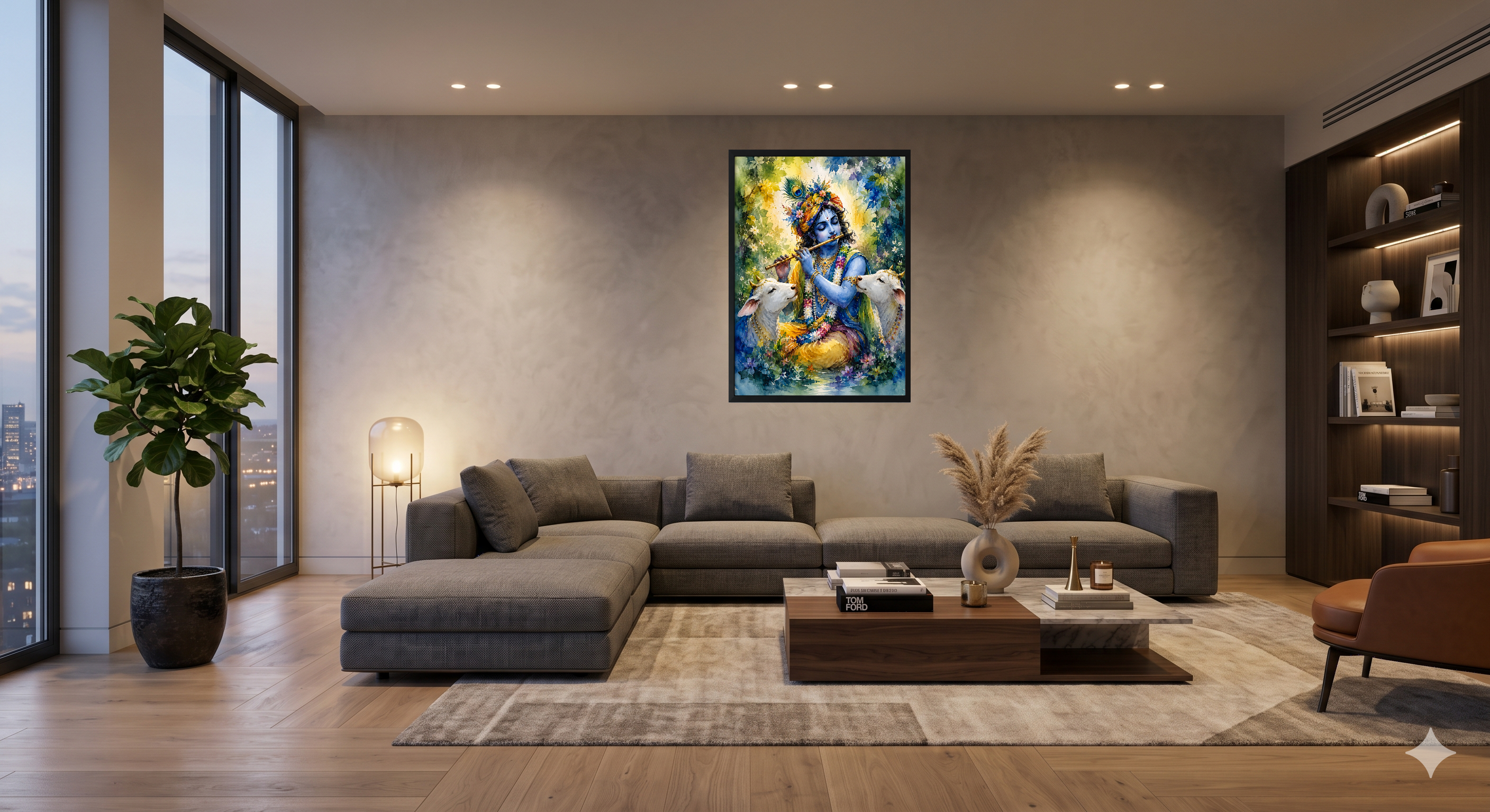 Lord Krishna with Sacred Cows Watercolor Wall Art Canvas Print