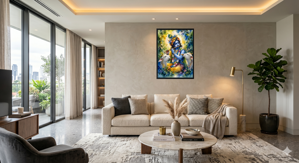Lord Krishna with Sacred Cows Watercolor Wall Art Canvas Print