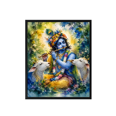 Lord Krishna with Sacred Cows Watercolor Wall Art